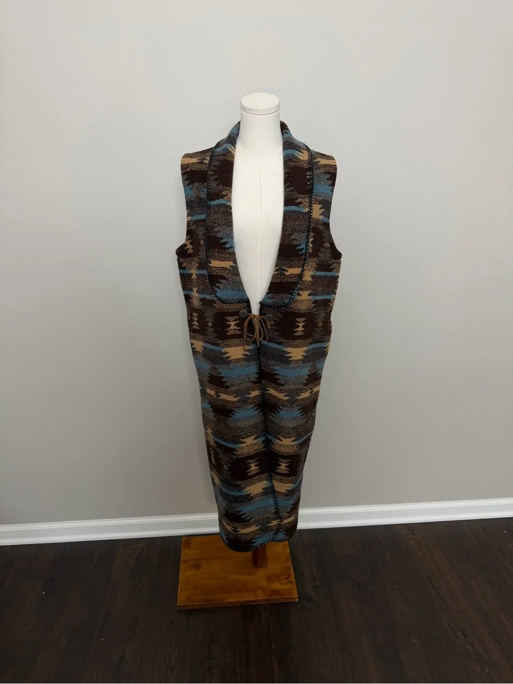 Vintage Mazmania Vest Fleece Long Coat Western Aztec Cowboy Rodeo Brown Blue USA
